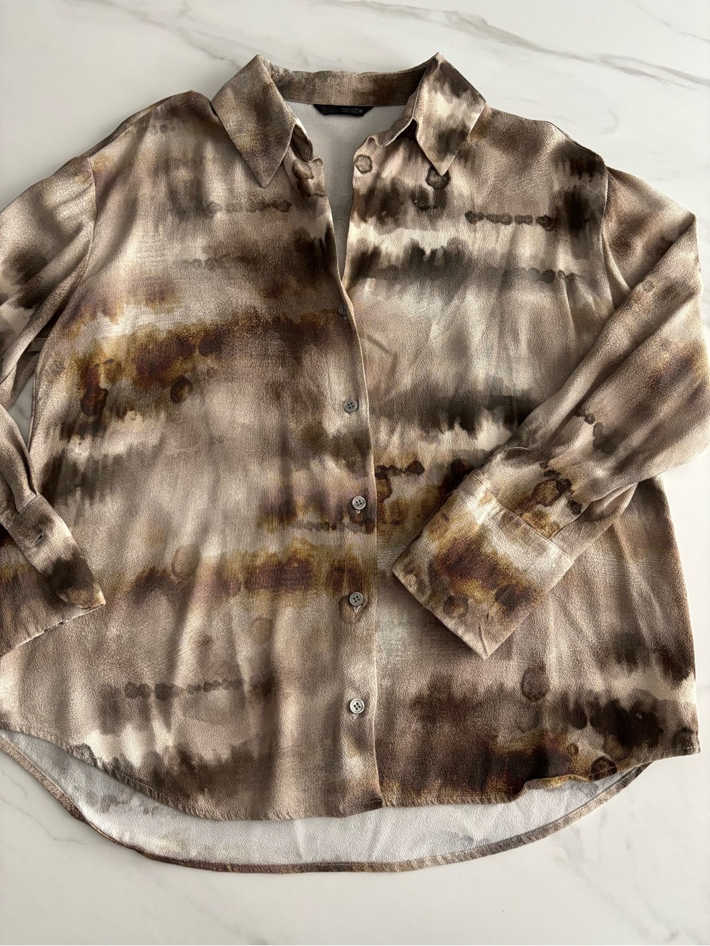 Zara Taupe Tie-Dye Button-Up Shirt viscose Erthy Natural Sz S oversized - Picture 3 of 9